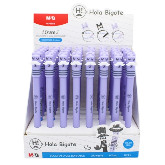 DISPLAY LILAC ERASABLE GEL PEN HELLO MOUSTACHE 0.5MM BLUE INK