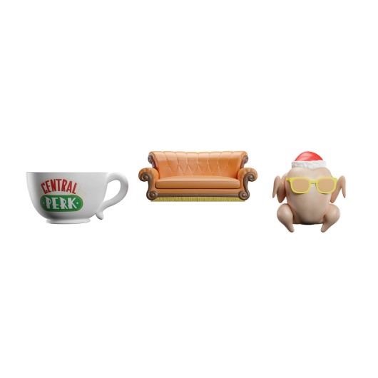 SET DE 3 ADORNOS DE NAVIDAD FRIENDS-PAVO, SOFA Y TAZA CENTRAL PERK