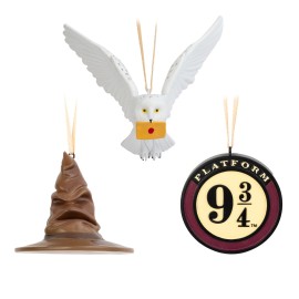 SET DE 3 ADORNOS DE NAVIDAD HARRY POTTER-SOMBRERO SELECCIONADOR, ANDEN 9 3/4 Y HEDWIG 2