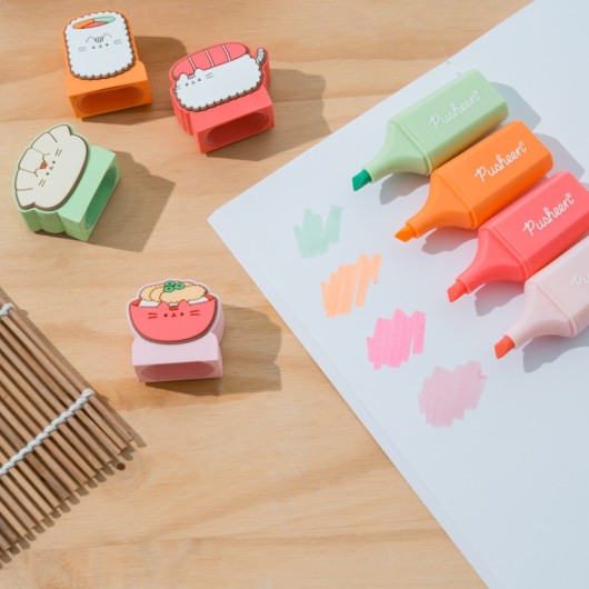 SET DE 4 SUBRAYADORES CON TOPPER PUSHEEN SUSHI ROLL