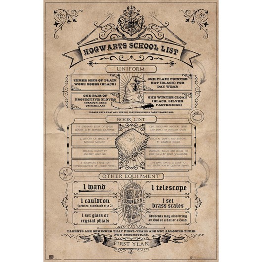 POSTER HARRY POTTER HOGWARTS SCHOOL LIST